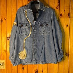 Vintage Upcylced Denim Jacket with Crochet Accents One of a Kind
